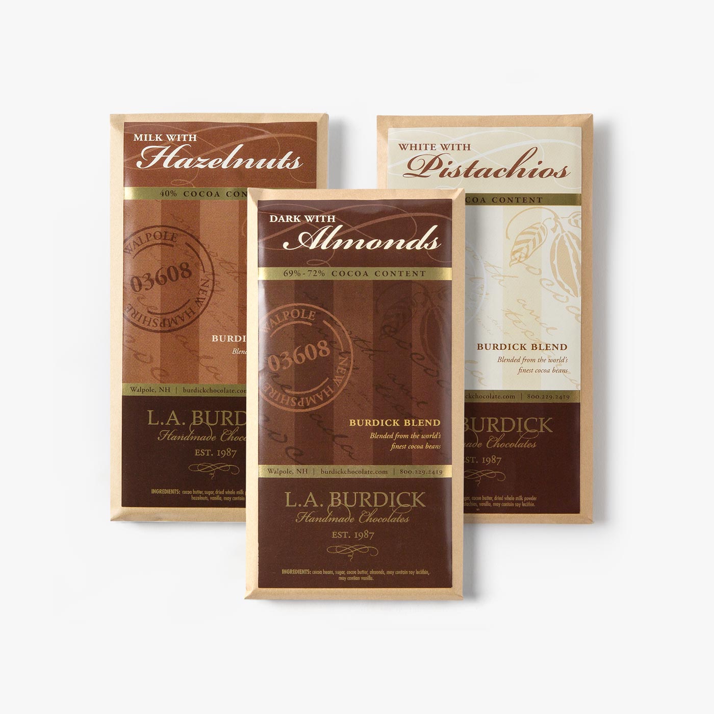 Candy Bar Assortment Milk Chocolate w/hazelnuts, White Chocolate w/pistachios, Dark Chocolate w/almonds. Burdick Candy Bars are known for their depth, balance, and velvety smoothness.
